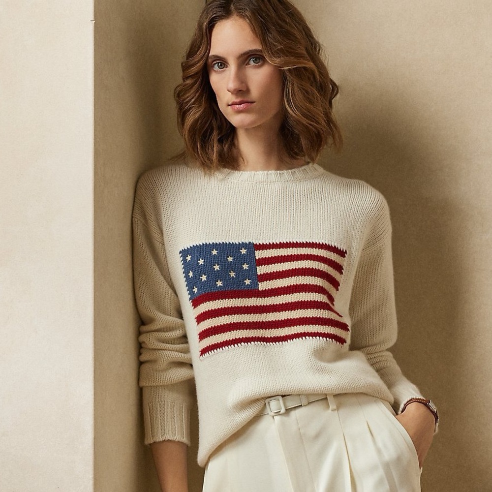 Ralph Lauren Flag Cotton Crewneck Sweater in Cream in Girl Size XL 18-20